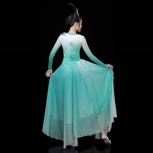 Women's turquoise chinese folk dance costumes umbrella fan dress fairy princess classical ancient traditional dance dress